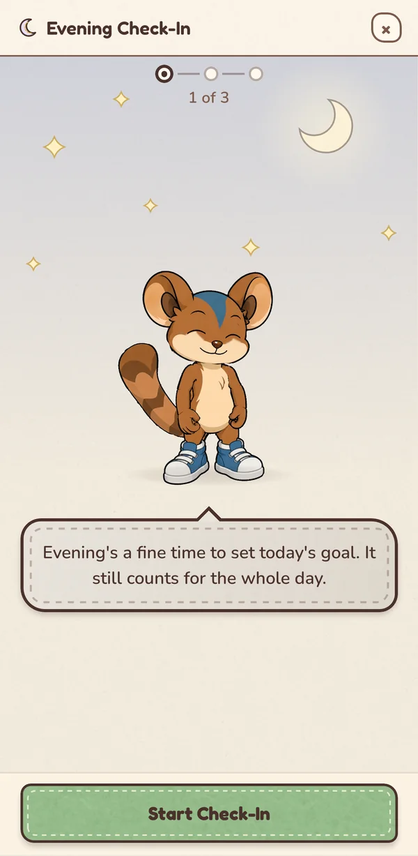 The evening check-in: GliderMon under a crescent moon says it's a fine time to set today's goal.